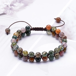 6mm Indian Agate double-layered beaded bracelet with handmade woven adjustable cord