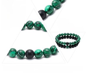 Detail of malachite and matte black stone beaded bracelets for couples in a collage view