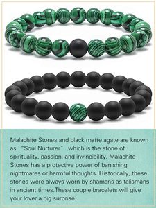 Detailed shot of malachite and matte black agate beaded bracelets for couples