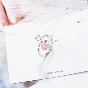 Cat open ring in S925 silver with pink strawberry quartz, feminine and minimalist style