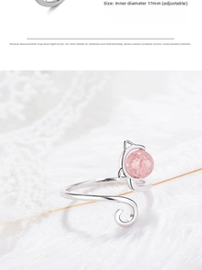 Detail of cat ear ring with pink strawberry quartz and adjustable silver band