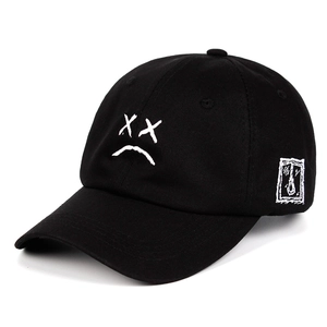 Black cotton baseball cap with Sad Boy embroidery and side window graphic detail