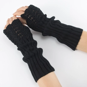 Long black knit fingerless gloves with fish scale pattern for winter hand warmth