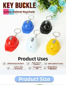 Mini hard hat keychains with integrated LED light and bottle opener in five bright colors