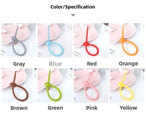 Overview of eight vibrant colors for these adjustable silicone cable management straps.