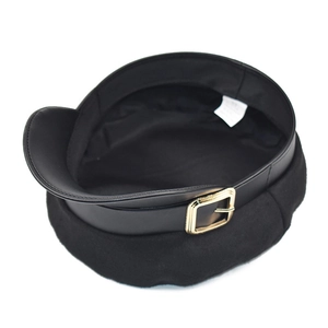 Classic black wool baker boy hat with PU leather brim and golden metal buckle accent