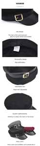 Detail of wool octagonal hat featuring PU leather brim and golden metal buckle adjustment