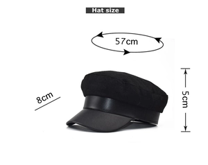 Detail view of newsboy cap showing 57cm head circumference and 5cm height dimensions