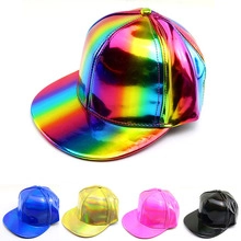 Metallic rainbow snapback hat detail showing varied colors like gold, blue, and pink