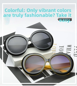 Close-up of oversized round sunglasses in black and yellow contrast with gradient lenses