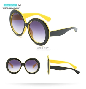 Detailed multi-angle view of oversized round sunglasses in black and yellow contrast