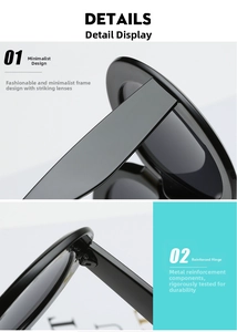 Close-up of reinforced metal hinges and sleek black frame of oversized round sunglasses