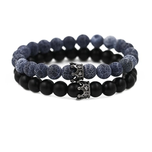 Beaded bracelet set with blue marble stone, matte black beads and zircon crown charms