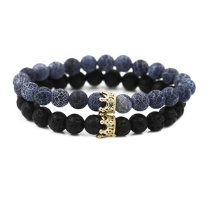 Crown beaded bracelet set with blue crackle stone and black lava rock beads