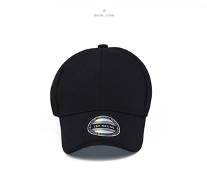 Detailed front view of black fitted baseball cap showing 57-58cm size sticker
