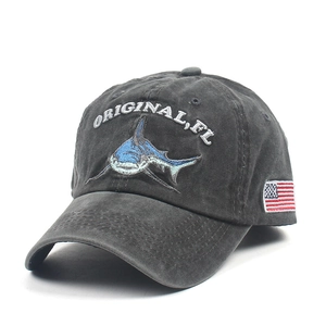 Vintage washed charcoal baseball cap with blue shark embroidery and US flag side patch