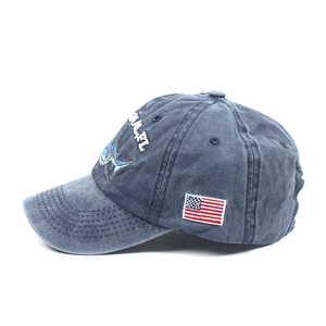 Vintage washed navy blue baseball cap with shark embroidery and American flag patch