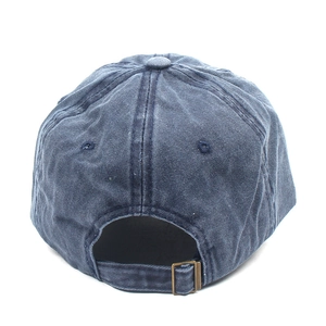 Rear view of vintage washed navy blue cotton baseball cap with adjustable metal buckle