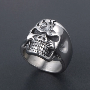 Polished silver skull ring for men with intricate gothic details on dark background