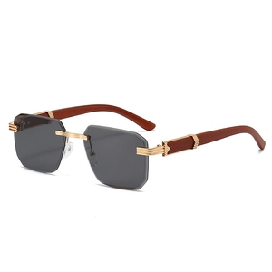 Rimless Geometric Sunglasses Retro Wood Temples Gradient Lenses Luxury Metal Frame Fashion Eyewear Women Men