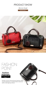 Detail view of Boston pillow bag with 3D rose pendant and textured leather finish