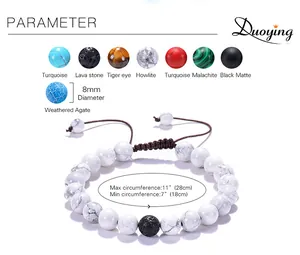 Detail of 8mm lava and howlite stones on an adjustable braided rope bracelet cord