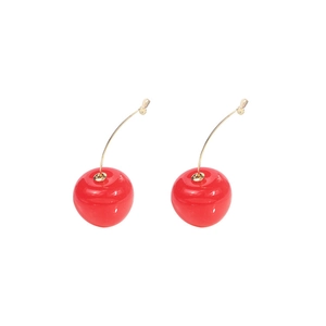 Sweet red cherry drop earrings with gold hooks on a minimalist white background