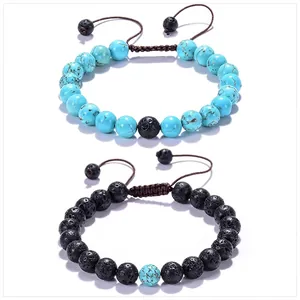 Detail of adjustable lava rock and turquoise stone beads on hand-woven bracelets