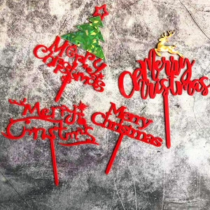 Set of 4 red Merry Christmas acrylic cake toppers with reindeer and tree designs