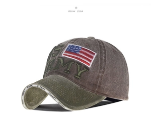 Detail of US ARMY 3D embroidery on vintage washed cotton baseball cap with flag patch