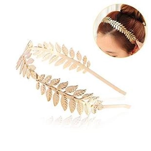 Detailed view of a golden leaf metal headband with a circular model preview on white background