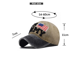 Detailed size chart of vintage US ARMY embroidered cotton baseball cap with dimensions