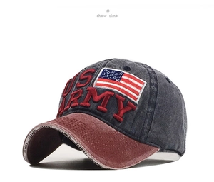 Detail of US ARMY 3D embroidery and American flag patch on washed denim baseball cap