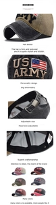 Detail view of 3D US ARMY embroidery and adjustable metal buckle on cotton baseball cap