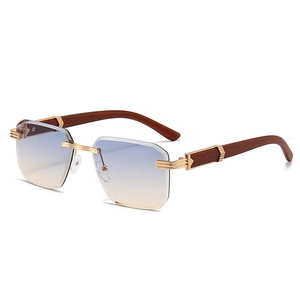 Fashion rimless rectangle sunglasses with gradient lenses and wood grain temples for men