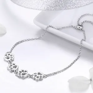 S925 sterling silver paw print bracelet with adjustable slider clasp for women