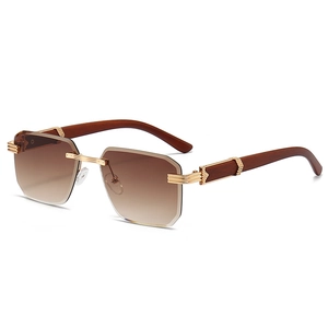 Frameless square sunglasses with brown gradient lenses and wood grain temples