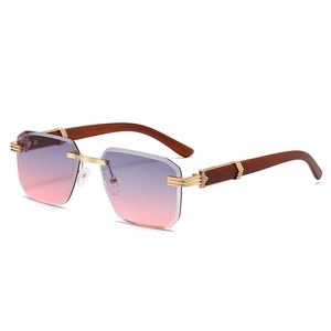 Fashionable rimless square sunglasses for women with gradient lenses and wood texture temples