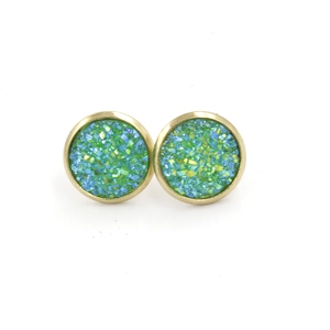 Close-up of 12mm round gold-plated stud earrings with sparkling green druzy resin inlay