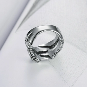 Vintage stainless steel dragon claw open ring with retro silver finish for men
