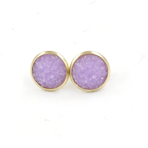 Detail of 12mm purple druzy resin stud earrings with gold plated stainless steel edges