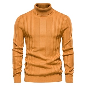 Detailed view of yellow ribbed knit texture and high turtleneck on this men's sweater