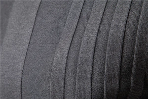 Close-up of the grey knitted fabric texture featuring vertical ribbed stripe patterns