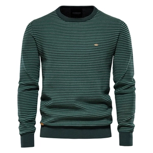 Close-up of the fine knit texture and striped pattern on this men's round neck sweater