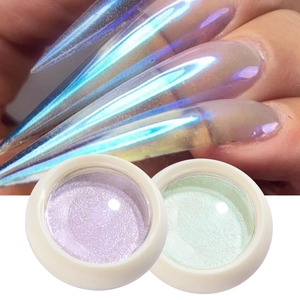 Detail showing aurora nail powder jars with iridescent pink and green finish effect