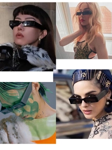 Collage of four models wearing retro black rectangular sunglasses in various trendy settings