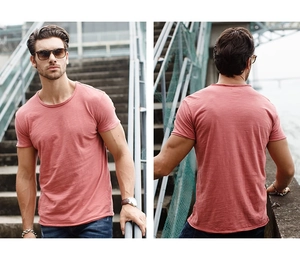 Front and back view of coral pink slub cotton T-shirt showing detailed fabric texture