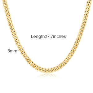 Detail view showing 3mm gold Cuban link necklace with 17.7 inches length measurements