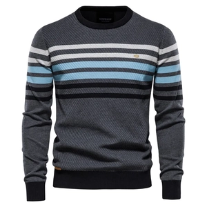 Detail of the crew neck and multi-color stripe knit texture on a gray sweater