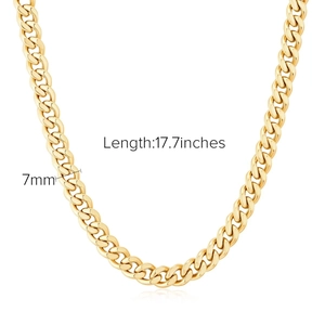 Detail view of 7mm golden Cuban link chain necklace with 17.7 inches length specifications